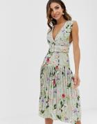 Asos Design Botanical Floral Plunge Belted Pleated Midi Dress-multi