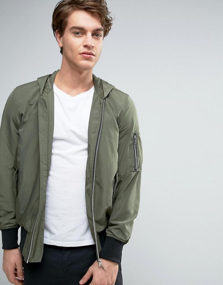 Asos Hooded Bomber Jacket In Khaki - Green
