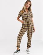 Daisy Street Relaxed Jumpsuit With Tie Waist In Check-yellow