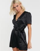 Nobody's Child Mini Wrap Romper In Dot Jacquard Satin-black