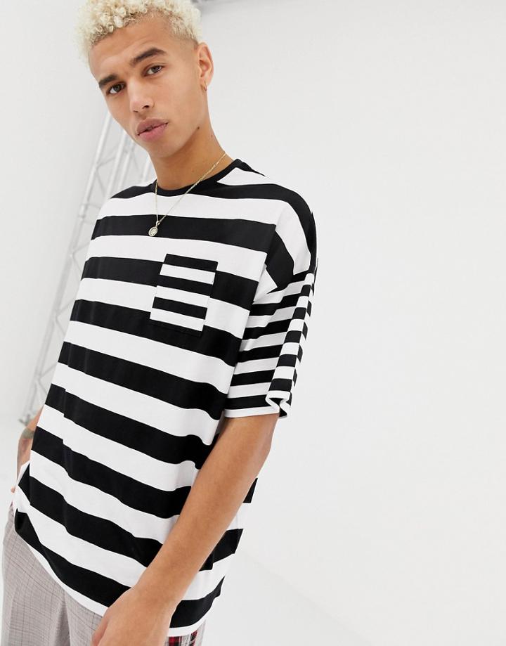 Asos Design Oversized Striped T-shirt With Contrast Stripe Chest Pocket - Black