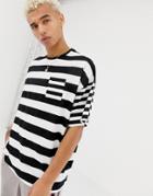 Asos Design Oversized Striped T-shirt With Contrast Stripe Chest Pocket - Black