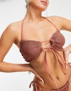 Asos Design Crochet Tie Front Bandeau Bikini Top In Copper Brown