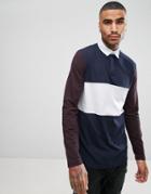 Asos Longline Rugby Polo Shirt With Coloublocking And Contrast Sleeves - Navy