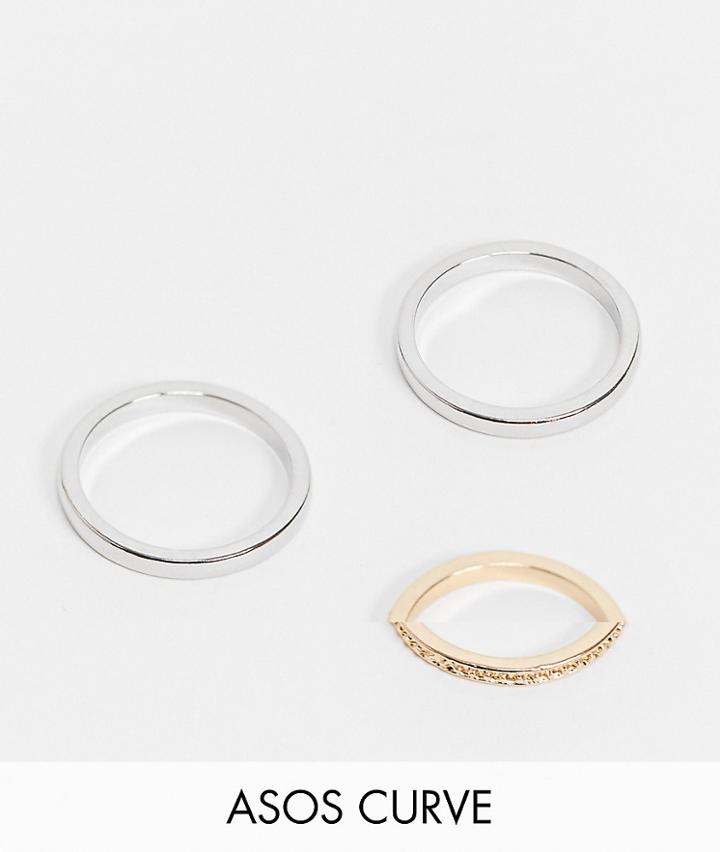 Asos Design Curve Pack Of 3 Rings In Mixed Metal-multi