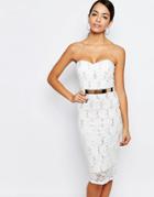 New Look Belted Lace Bandeau Bodycon Dress - White