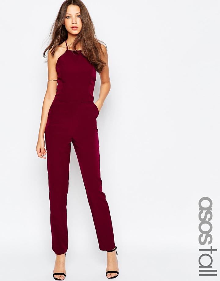 Asos Tall Premium Halter Neck Jumpsuit - Oxblood