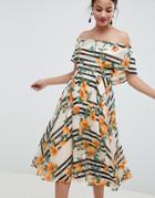 Asos Design Soft Bandeau Midi Dress In Stripe And Floral Print - Multi