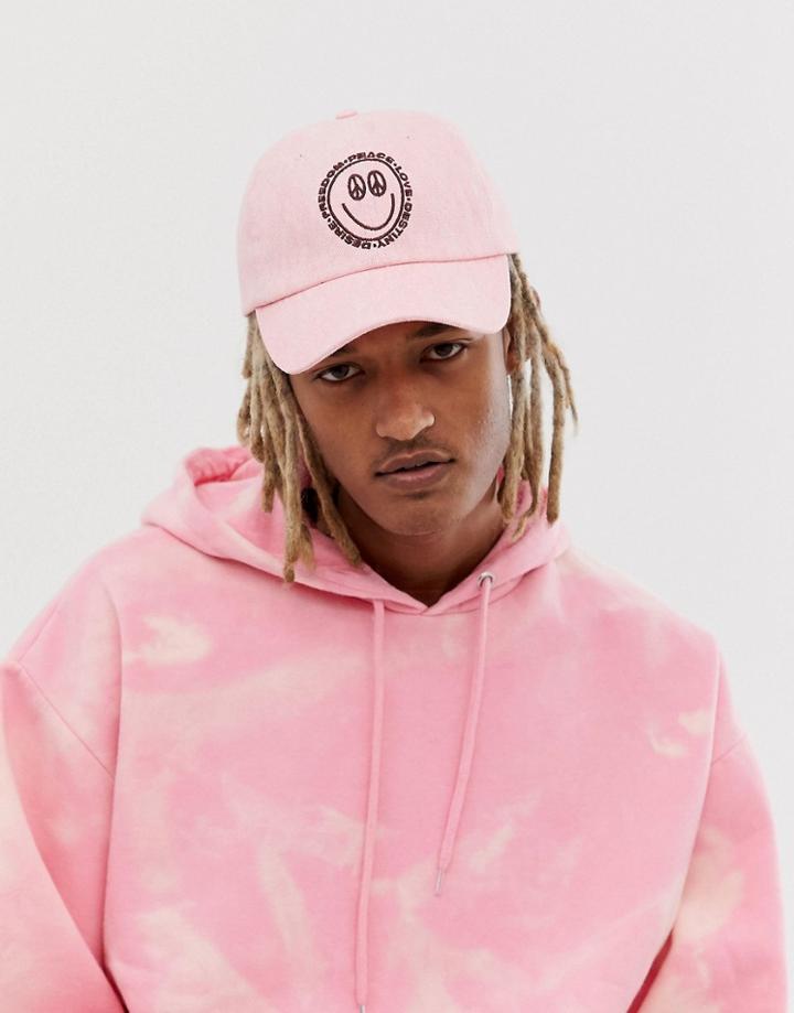Asos Design Baseball Cap In Pink Washed Canvas With Peace Embroidery - Pink