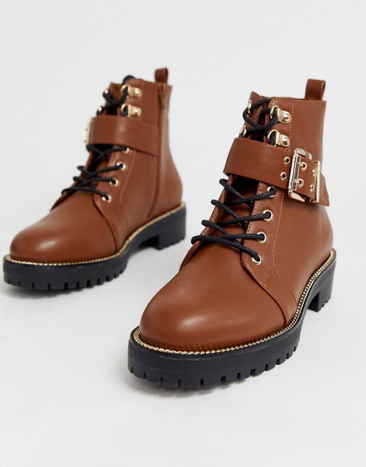 Asos Design Armour Chain Lace Up Ankle Boots In Tan