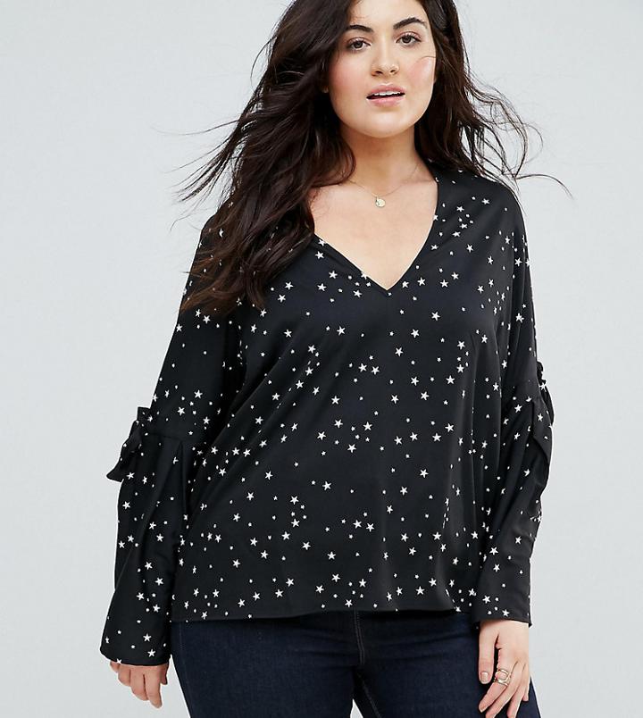 Influence Plus Star Print Flare Sleeve Top - White