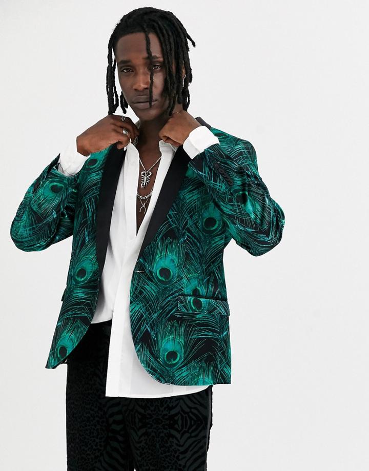 Twisted Tailor Super Skinny Velvet Blazer With Peacock Print In Green