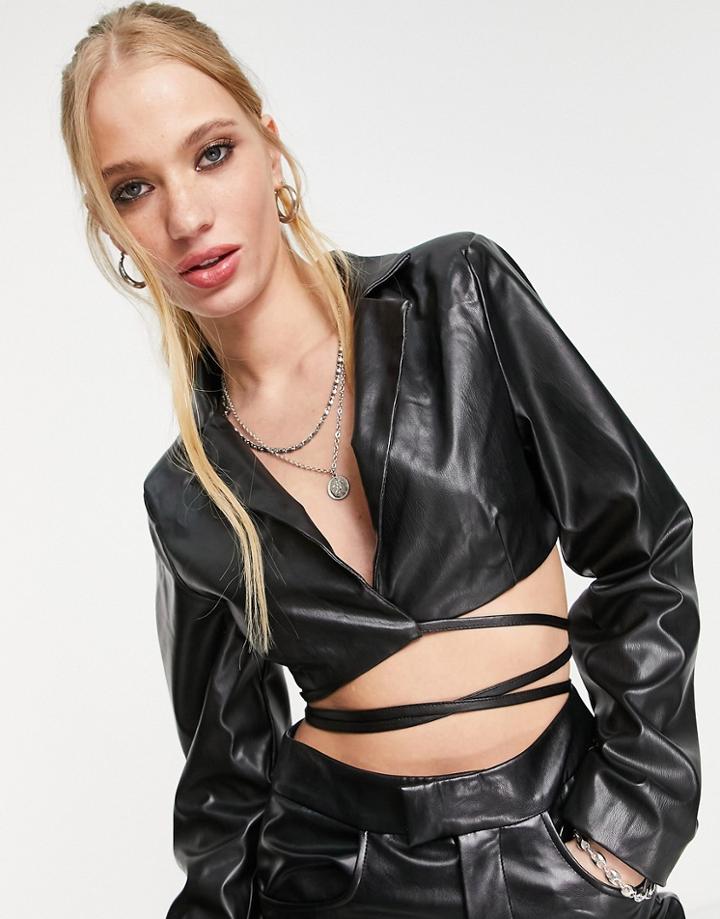Missyempire Strappy Cut-out Leather Look Blazer In Black