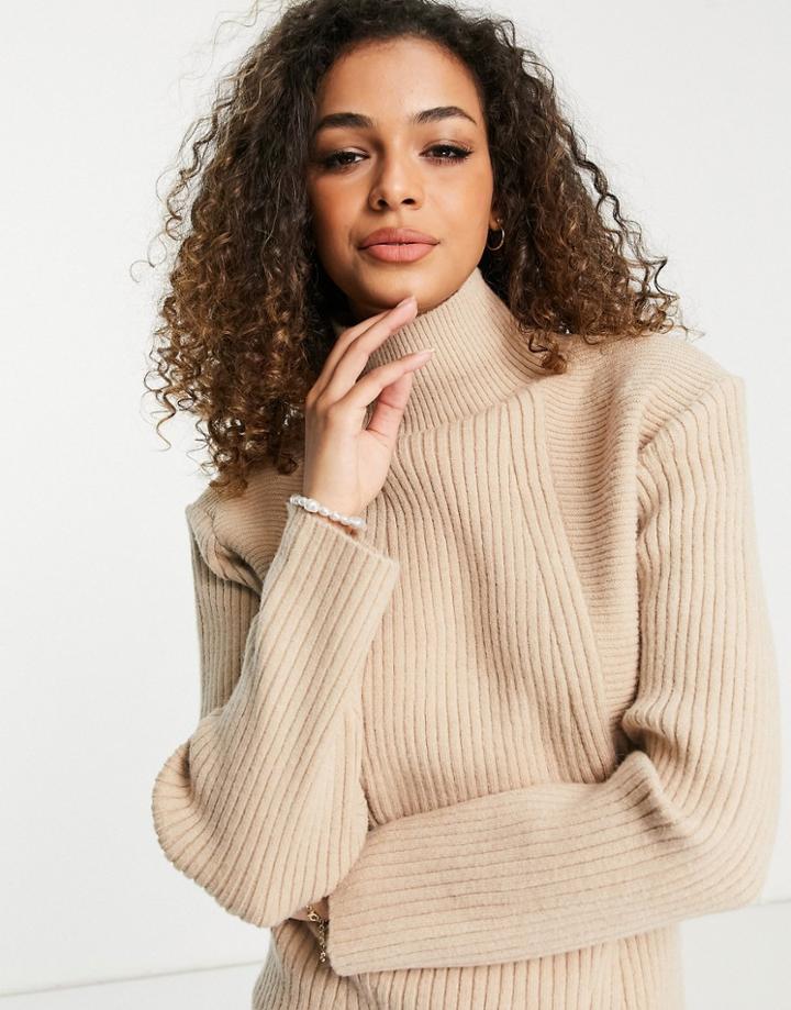 Asos Design High Neck Sweater In Multi Rib With Shoulder Detail In Cream-white