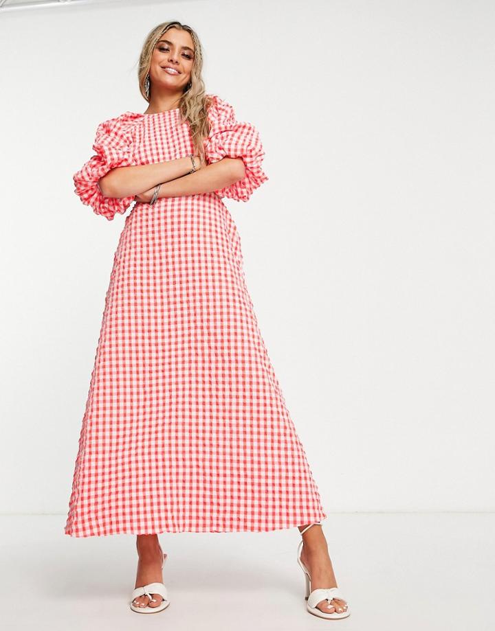 Asos Design Open Back Puff Sleeve Maxi Dress In Textured Red Gingham-multi