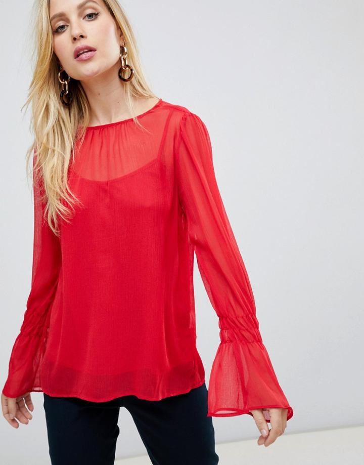Vila Fluted Sleeve Blouse-red