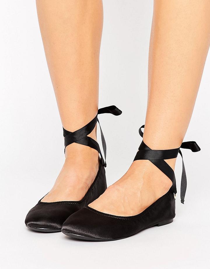 New Look Metallic Satin Lace Up Ballet Pump - Black