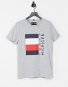 Tommy Hilfiger Corp Stripe Box Logo T-shirt In Gray Heather-grey