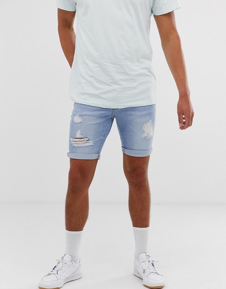 New Look Skinny Denim Shorts With Rips In Blue Wash - Blue