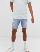 New Look Skinny Denim Shorts With Rips In Blue Wash - Blue