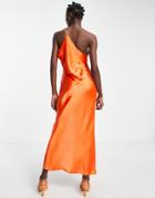 Asos Design Satin Asymmetric Neck Maxi Dress With Slit In Orange-red