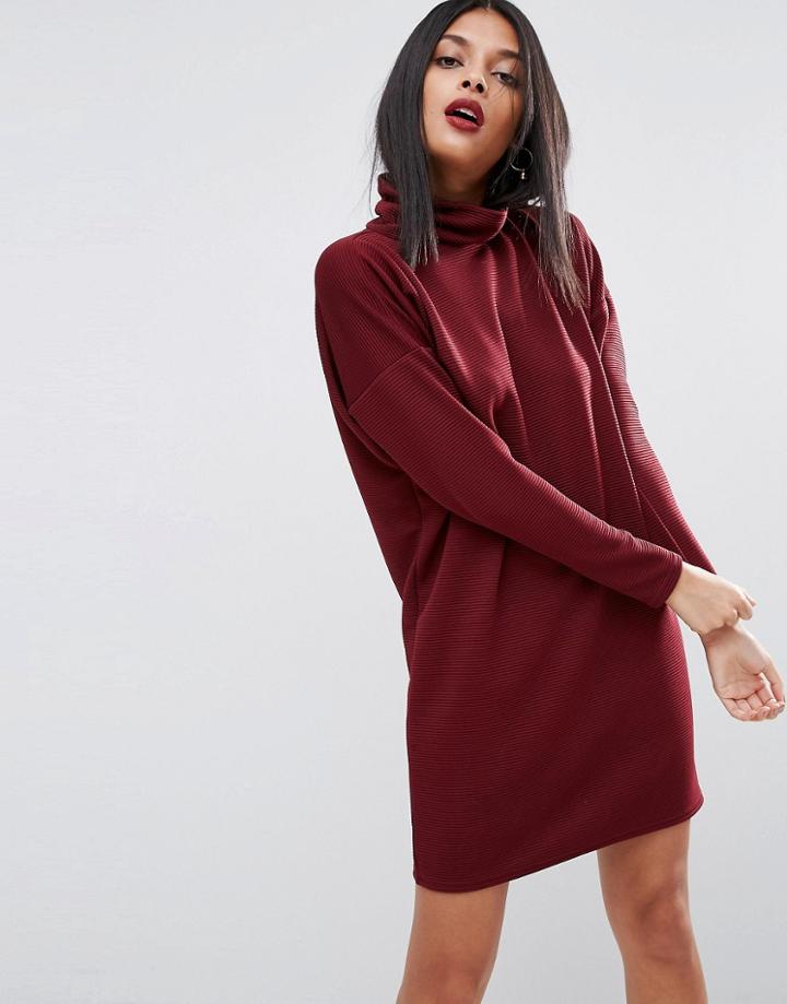 Asos Turtleneck Rib Slouch Dress - Red