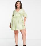 Asos Design Curve Wrap Smock Mini Dress In Pink And Green Check-multi