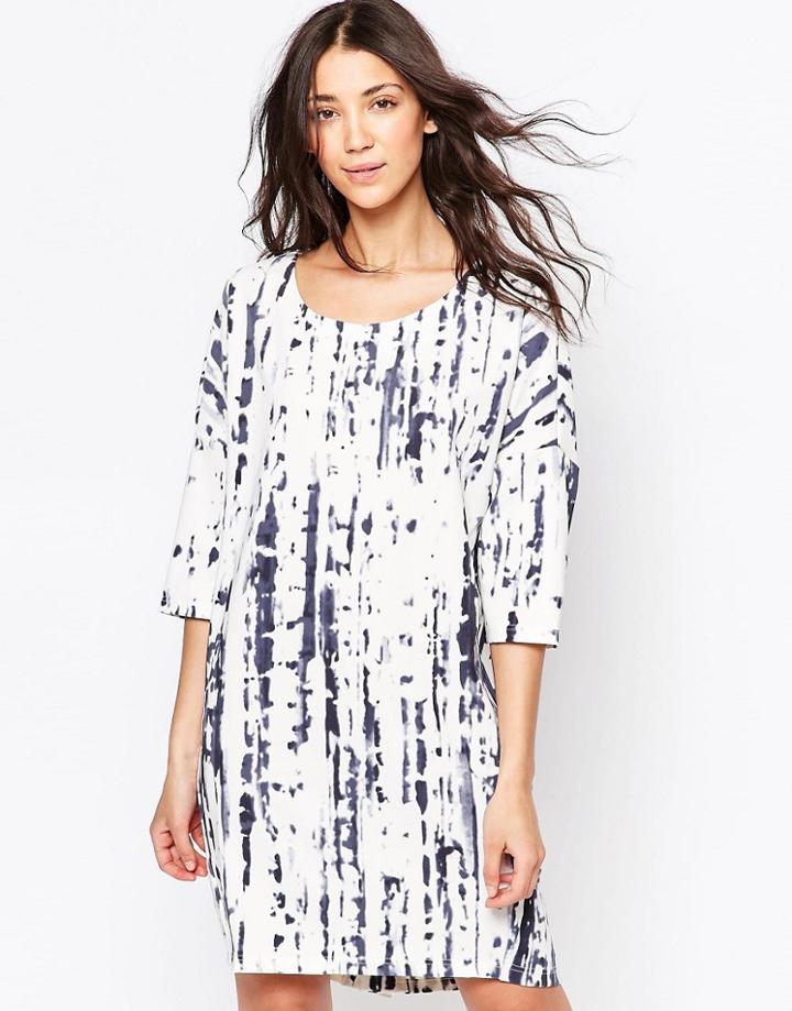 Ichi Digital Print 3/4 Sleeve Shift Dress - White