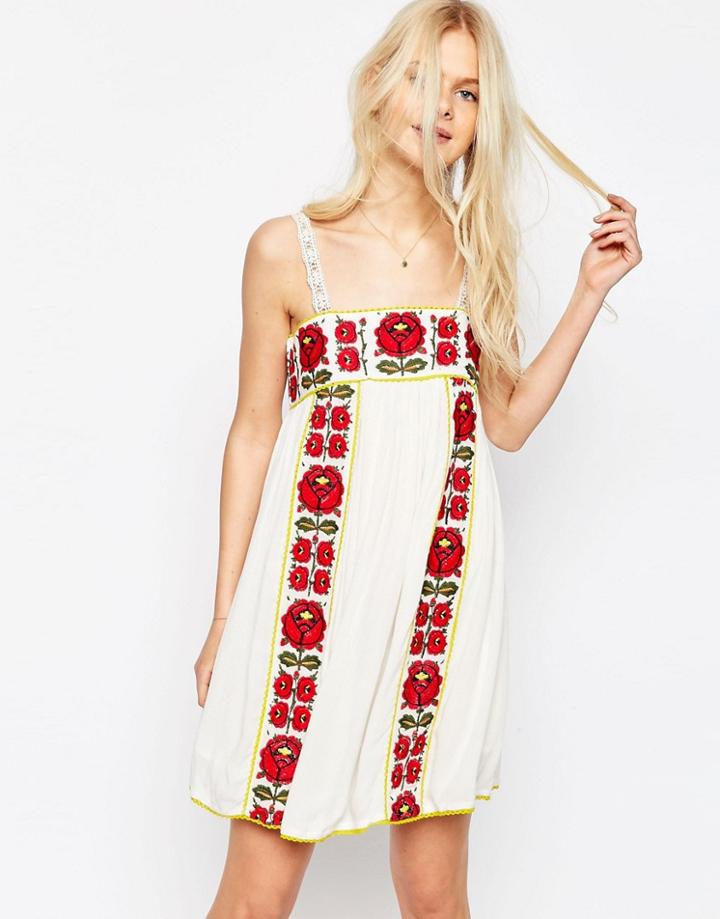 Asos Premium Embroidered Sundress - Cream