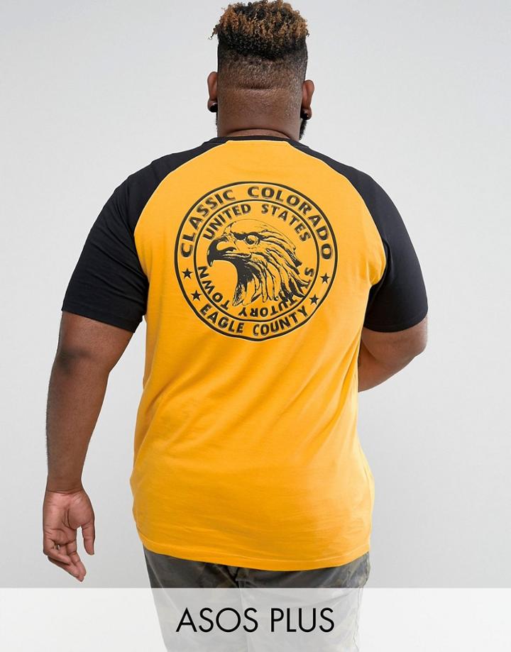 Asos Plus Longline Raglan T-shirt With Eagle Front And Back Print In Yellow - Yellow