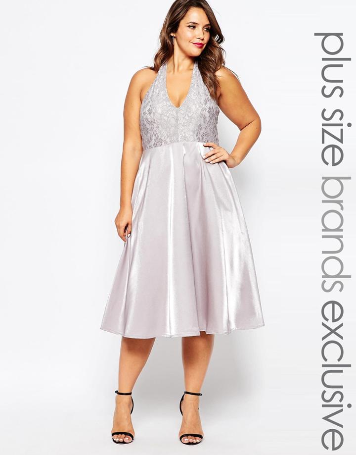 Truly You High Plunge Halter Neck Midi Dress - Gray