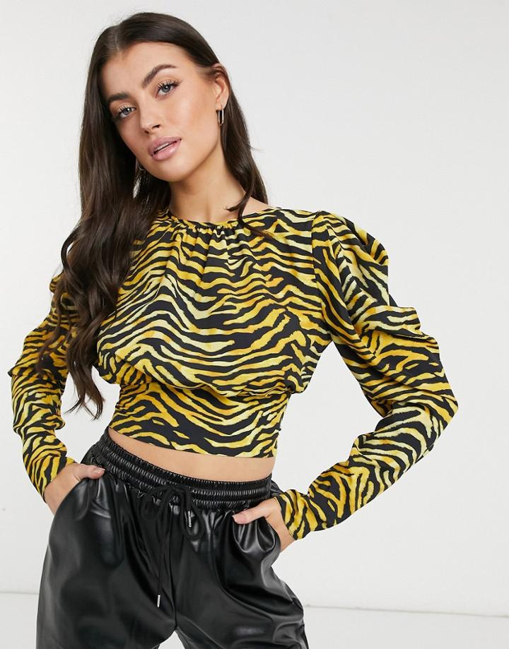 Asos Design Long Sleeve Volume Sleeve Blouse In Tiger Print-multi
