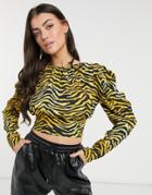 Asos Design Long Sleeve Volume Sleeve Blouse In Tiger Print-multi