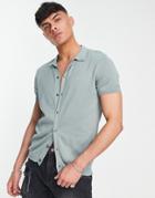 New Look Short Sleeve Button Through Polo In Sage-green