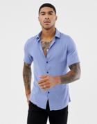 Asos Design Muscle Viscose Short Sleeve Shirt In Blue - Blue