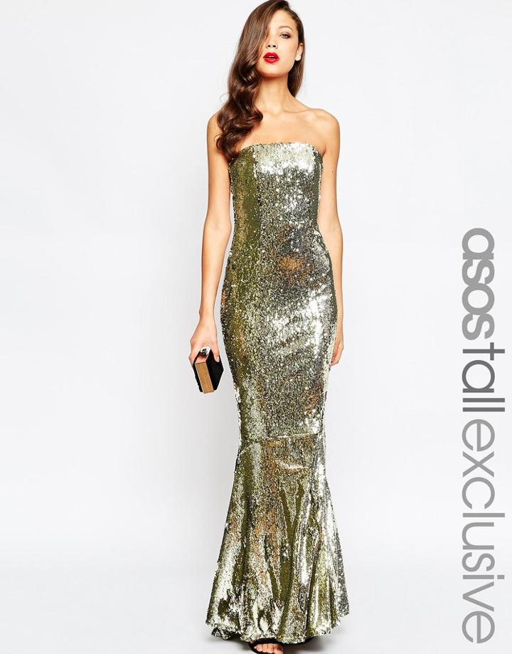 Asos Tall Red Carpet Sequin Fishtail Maxi Dress - Gold
