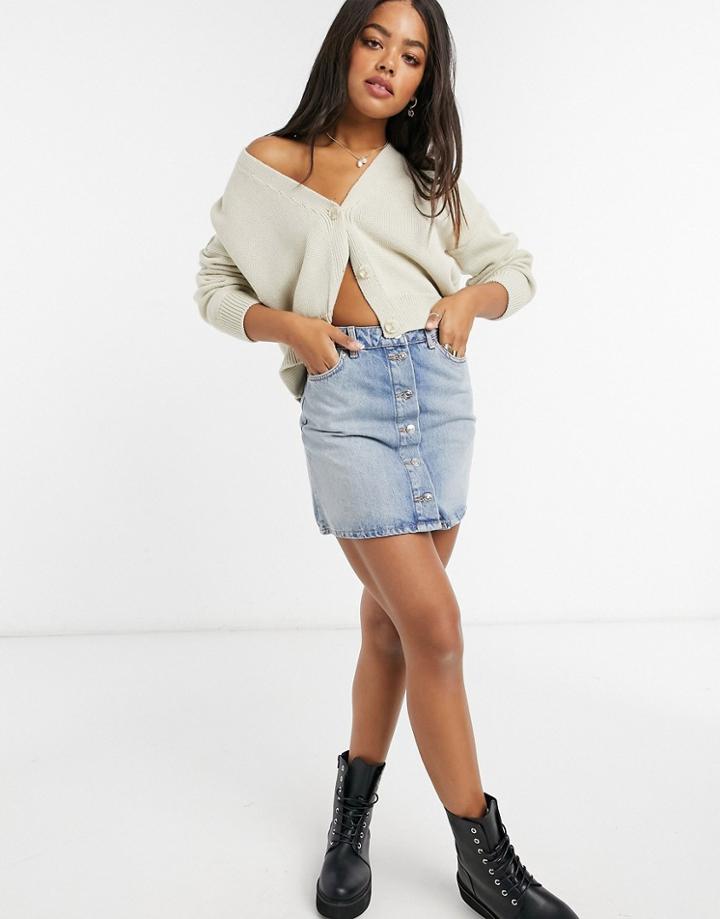 Asos Design Denim Button Through Skirt In Blue