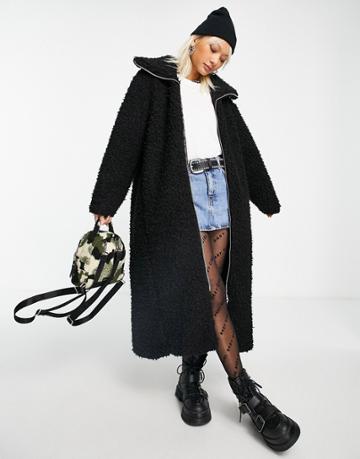 Weekday Sei Recycled Faux Fur Long Coat In Black