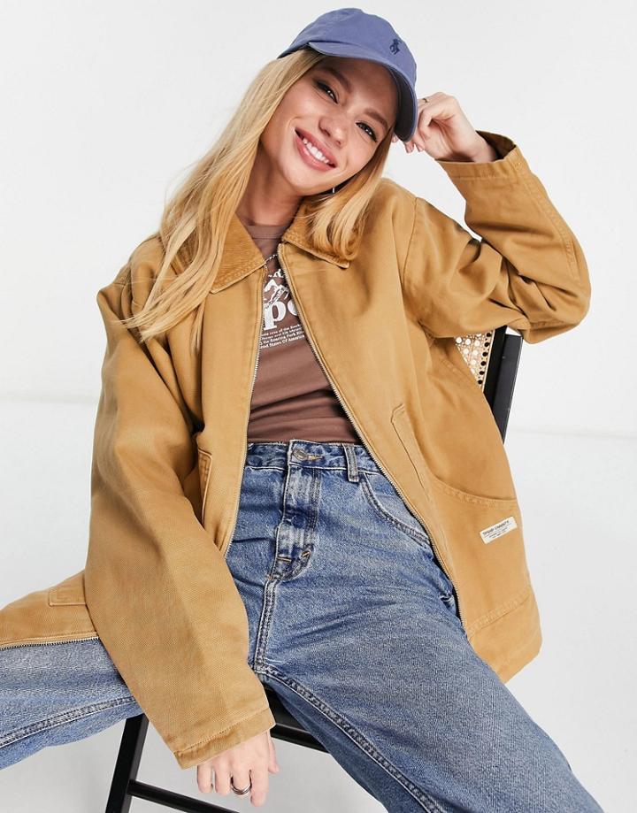Topshop Oversized Zip Through Work Jacket In Camel-neutral
