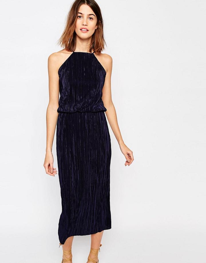 Warehouse Pleated Midi Dress - Navy