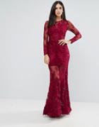 Forever Unique Long Sleeved Lace Sheer Maxi Dress - Red