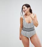 Asos Design Curve Recycled Contrast Mono Stripe Swimsuit-multi