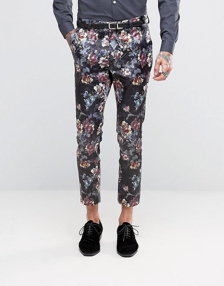 Asos Super Skinny Cropped Pant In Dark Floral Print - Purple