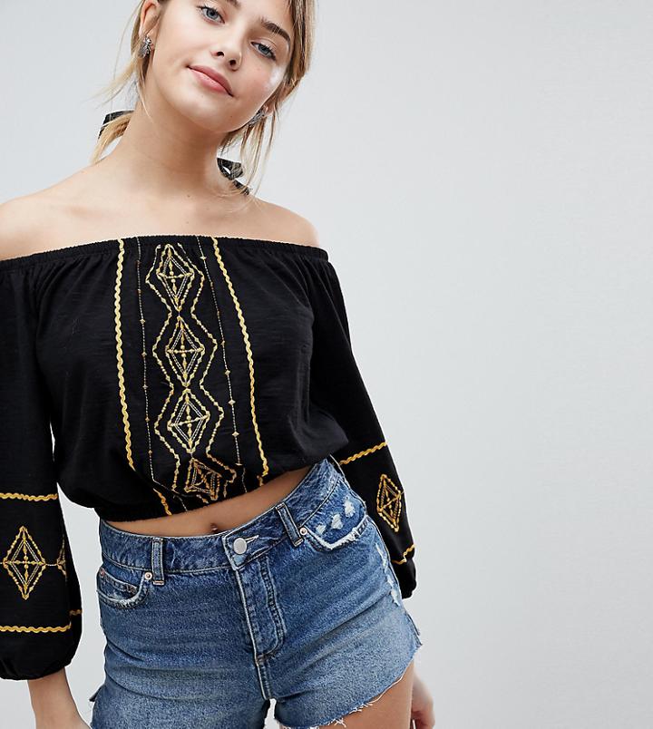 Miss Selfridge Embroidered Bardot Top-blue