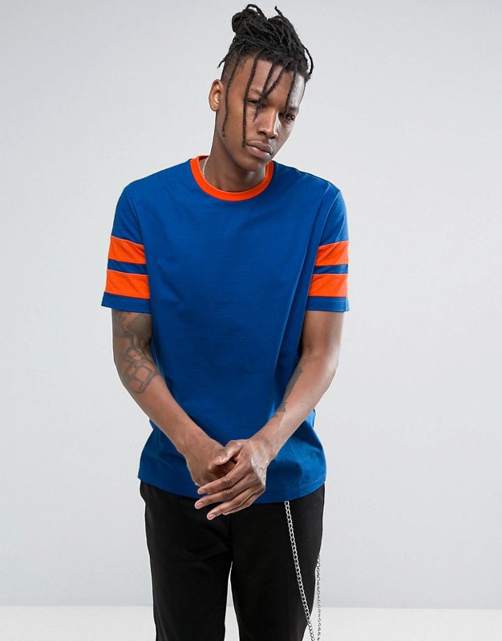 Asos Relaxed T-shirt With Contrast Stripe Sleeve In Blue/orange - Blue