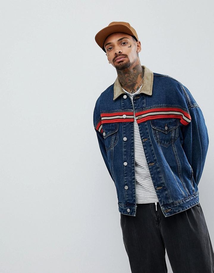 Asos Oversized Denim Jacket With Faux Suede Collar In Blue Wash - Blue