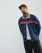 Asos Oversized Denim Jacket With Faux Suede Collar In Blue Wash - Blue