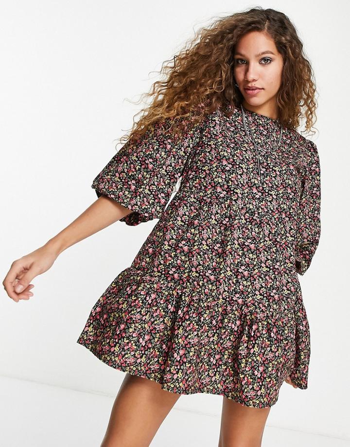 Violet Romance Smock Mini Dress With Puff Sleeves In Ditsy Floral Print-multi