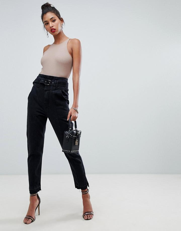 Boohoo Raw Hem Mom Jean In Black - Black