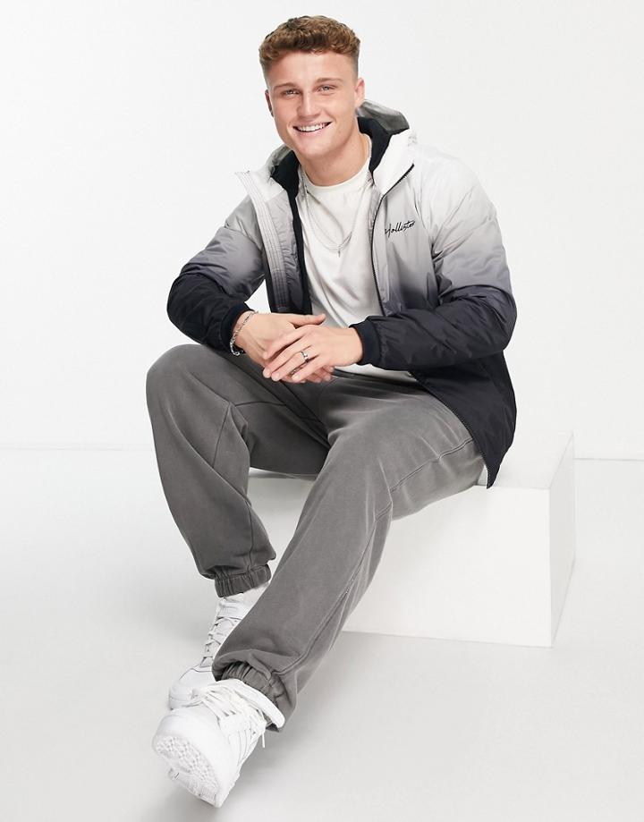 Hollister Icon Logo Fleece Lined Ombre Hooded Jacket In Black/white